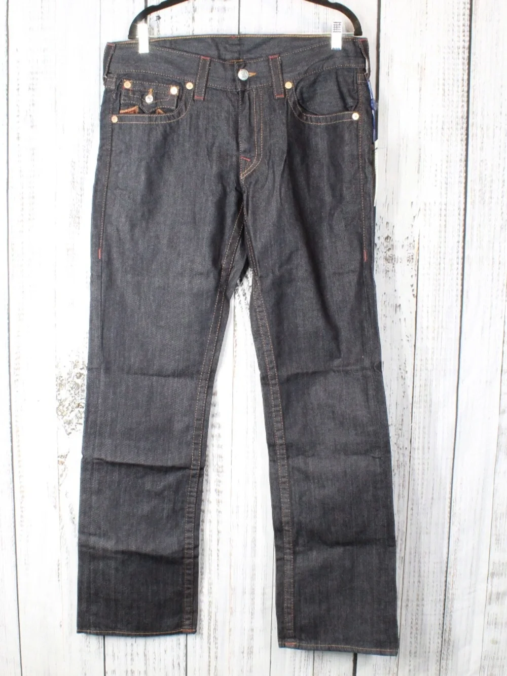 NWT True Religion Straight Leg Flap Jeans Sunset Logo Orange Red Stitch Size 33